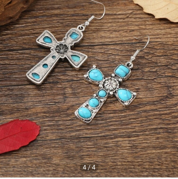 Teal and Silver Cross dangle earrings - Picture 2 of 2
